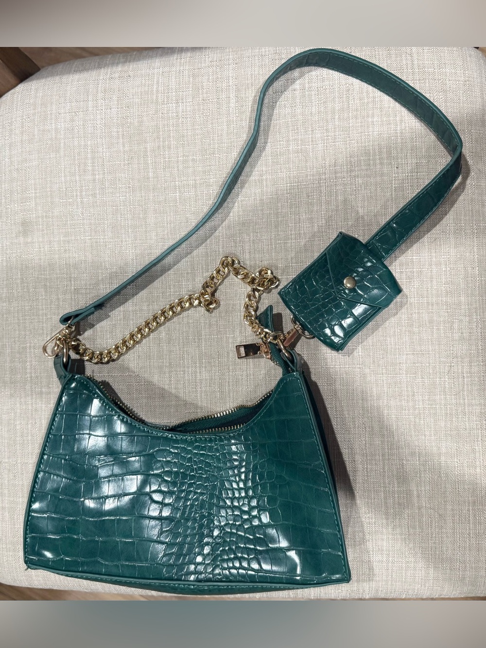 Teal Croc-Embossed Shoulder Bag with Coin Pouch